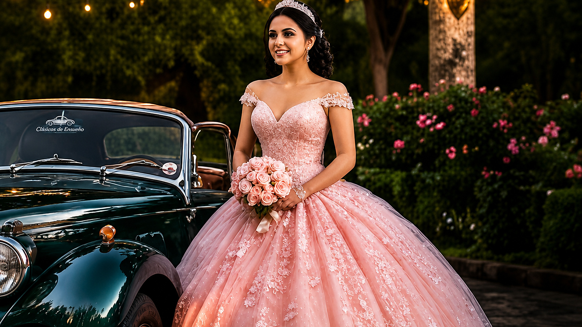 Quinceañera junto al MG clásico verde con el rostro completamente visible
