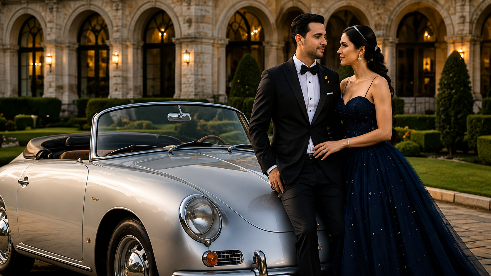 Pareja elegante junto al Porsche clásico plata