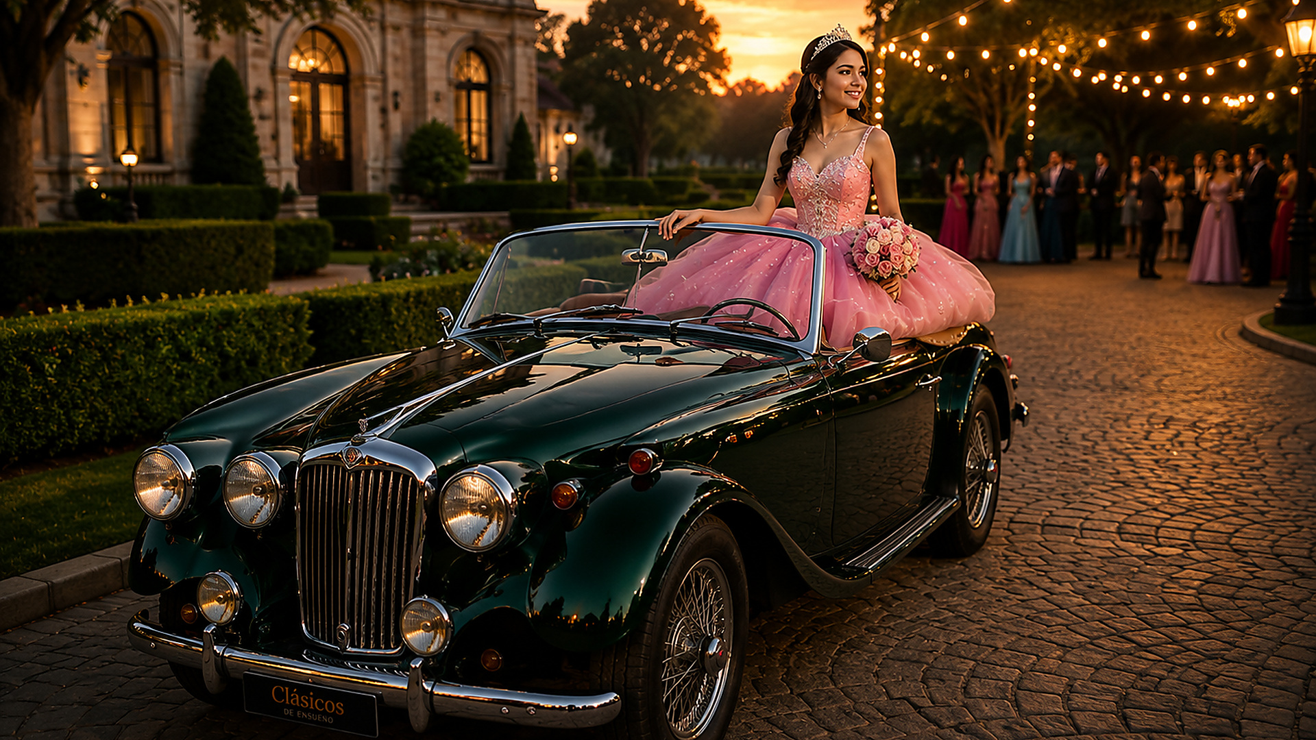 Quinceañera en pose creativa sobre el MG clásico verde