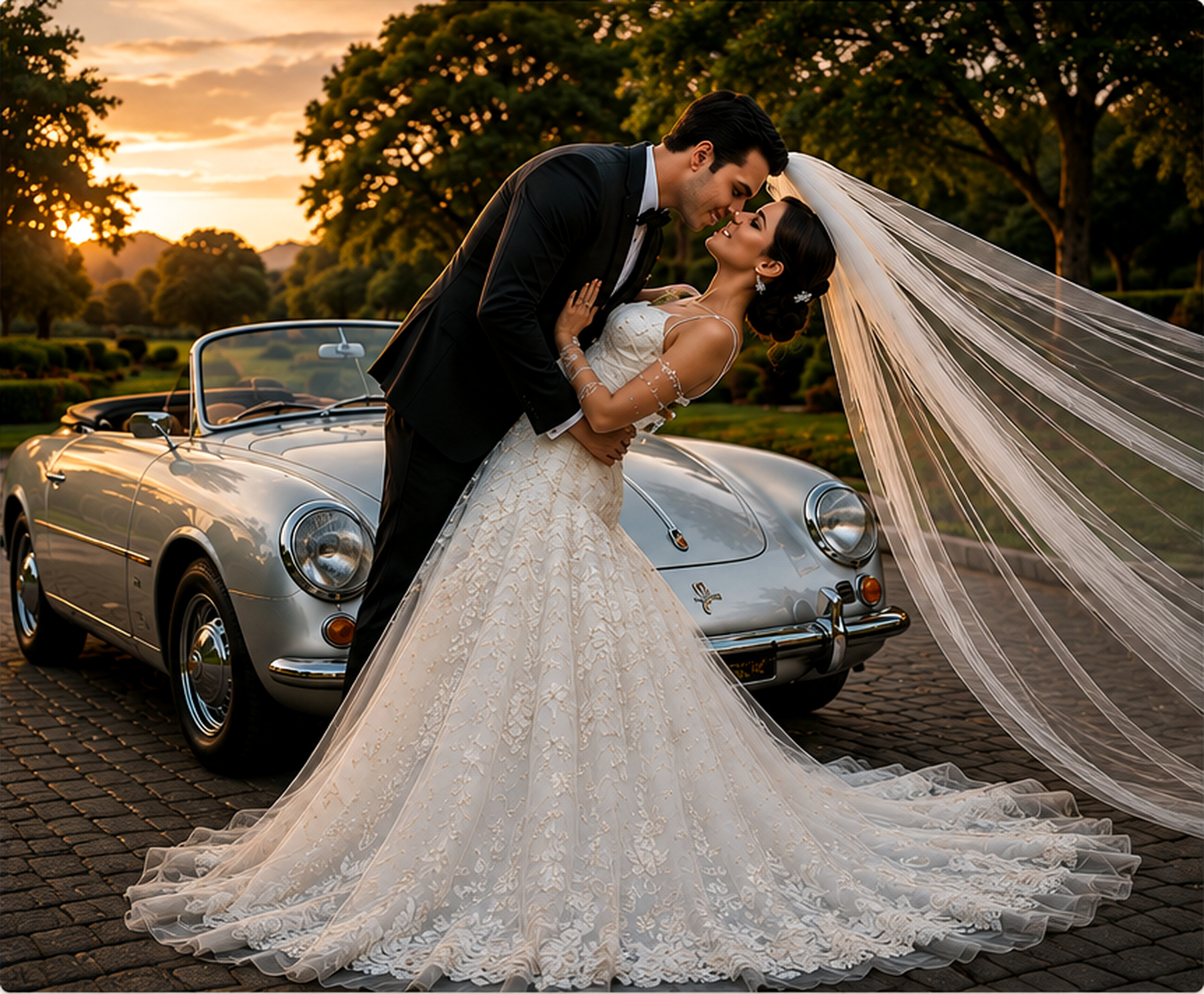 Novios junto al Porsche clásico plata en un jardín al atardecer
