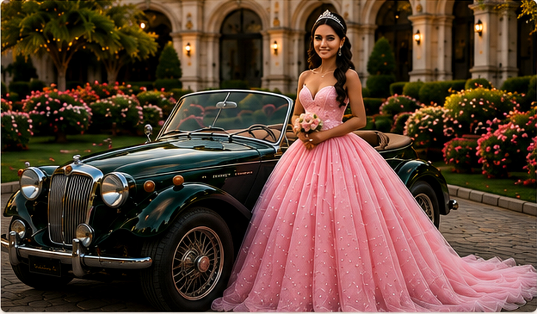 Quinceañera junto al MG clásico verde frente a una hacienda