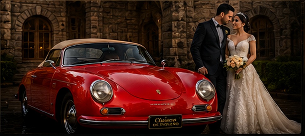 Novios junto al Porsche rojo